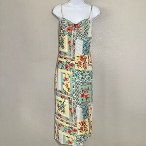 Colorful Patchwork Floral Boho Chic Feminine Bow Dainty Casual Midi Dress L